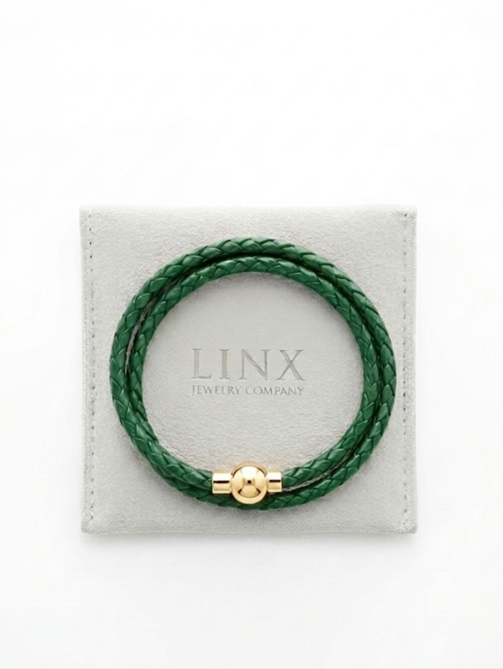 Linx Double Wrap Green Leather Braided Cord Bracelet with Gold Magnetic Clasp